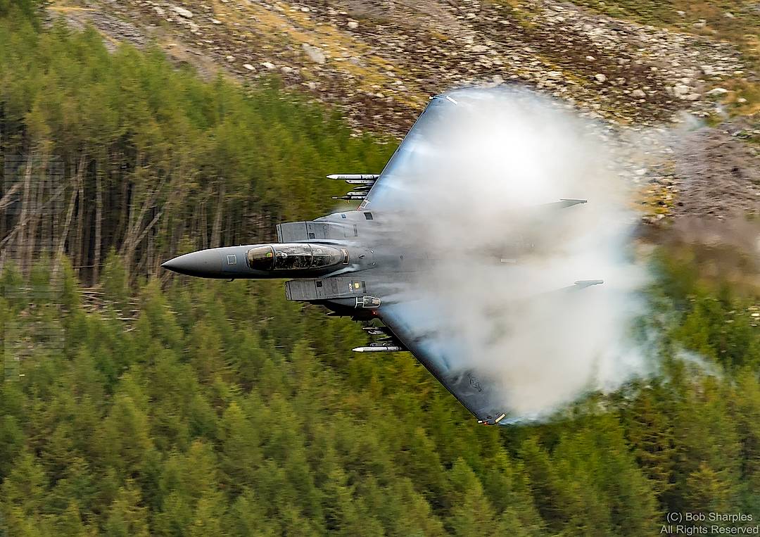 F-15E Strike Eagle, stunning pass, Mach Loop, bluebell