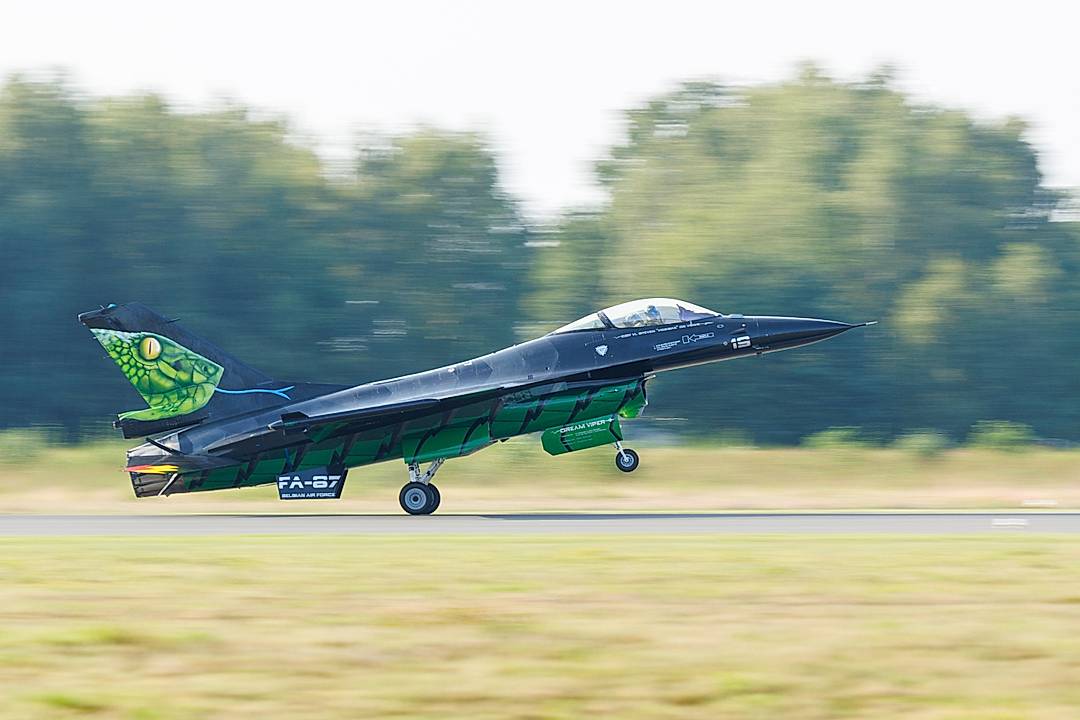 “Belgian Dark Falcon F-16 with ‘Vrieske’ as the pilot in action at Kleine Brogel air base. The photo was taken at 1/40th with a Canon R7 and a Canon 100-400 lens (1st model).“​​​​​​​​​​​​​​​​
