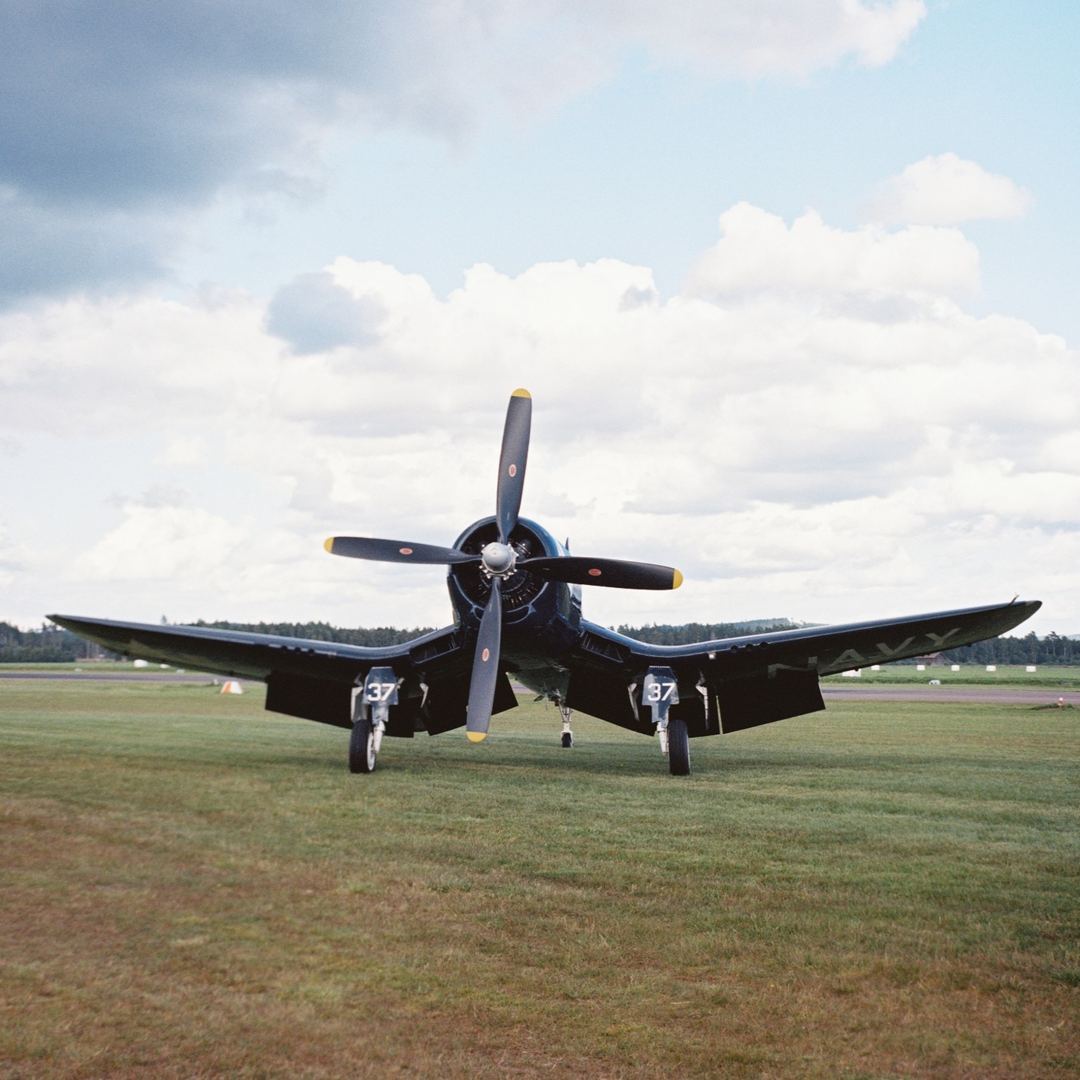 Maybe cheating the mission a bit... The Flying Bulls F4u Corsair shot on Kodak Portra 400 with a Zeiss Ikon Nettax 513/16 (Medium format)