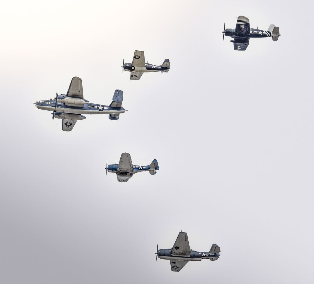 United States Navy Warbird Flock, F4U-1D, F4F, PBJ-1, SBD-5, TMB-1 in formation 