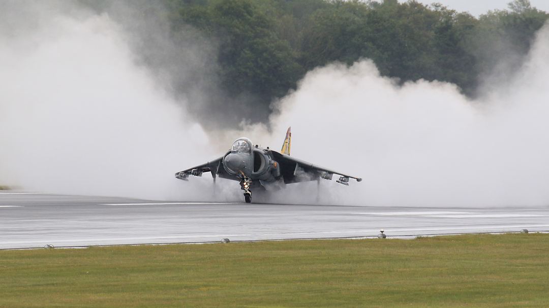 19 July 2019 RIAT was a wet one as demonstrated by this Spanish Harrier emerging from the steam it created. I had hoped there may be some detail in the spray but alas no, pure white.