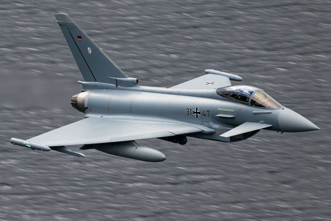 BURRO Flt of 3 Luftwaffe Taktisches Luftwaffengeschwader (Tactical Air Force Wing) 31 “Boelcke” Tranche 3A EF2000 Eurofighter Typhoons navigate the UKLFS LFA17 Lake District past Ullswater whilst deployed on EX Cobra Warrior 26-2