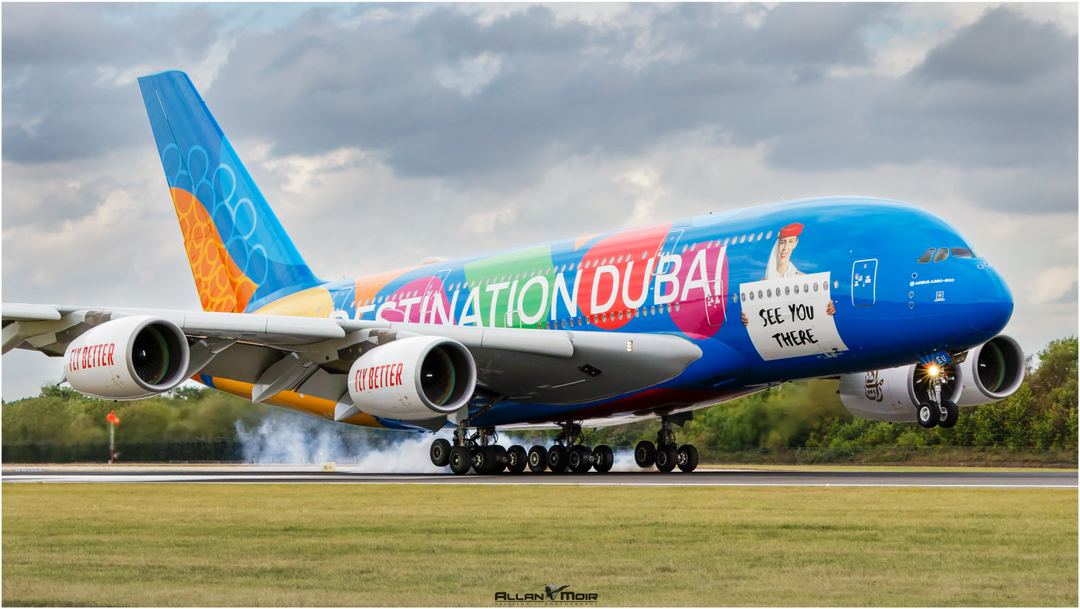 Emirates A380-861 A6-EEU leaves some rubber on runway 05R at EGCC arriving from Dubai.