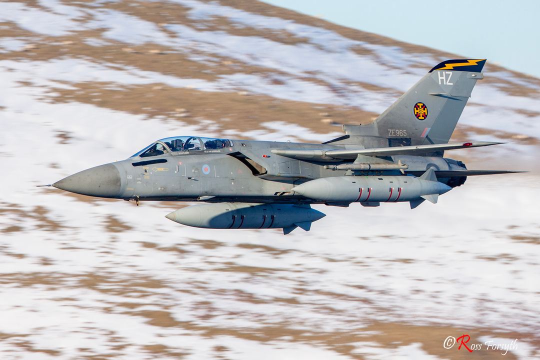 Tornado F3 of 111 Squadron cutting through the freezing cold valleys of the Selkirk to Moffat low fly route