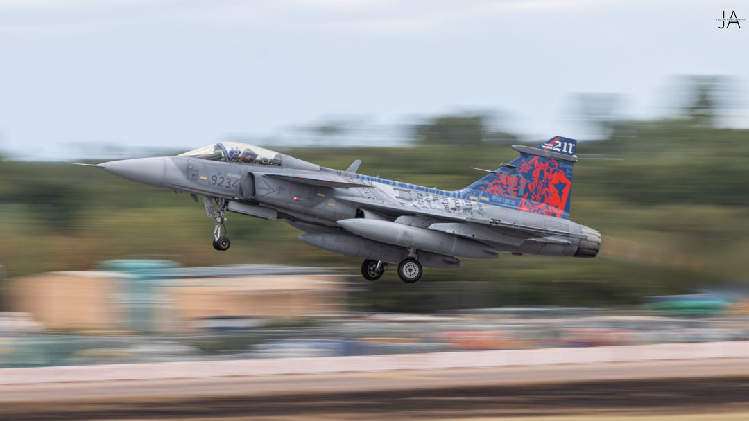 Gripen taking off runway 27 at Fairford on RIAT25 departure day 
