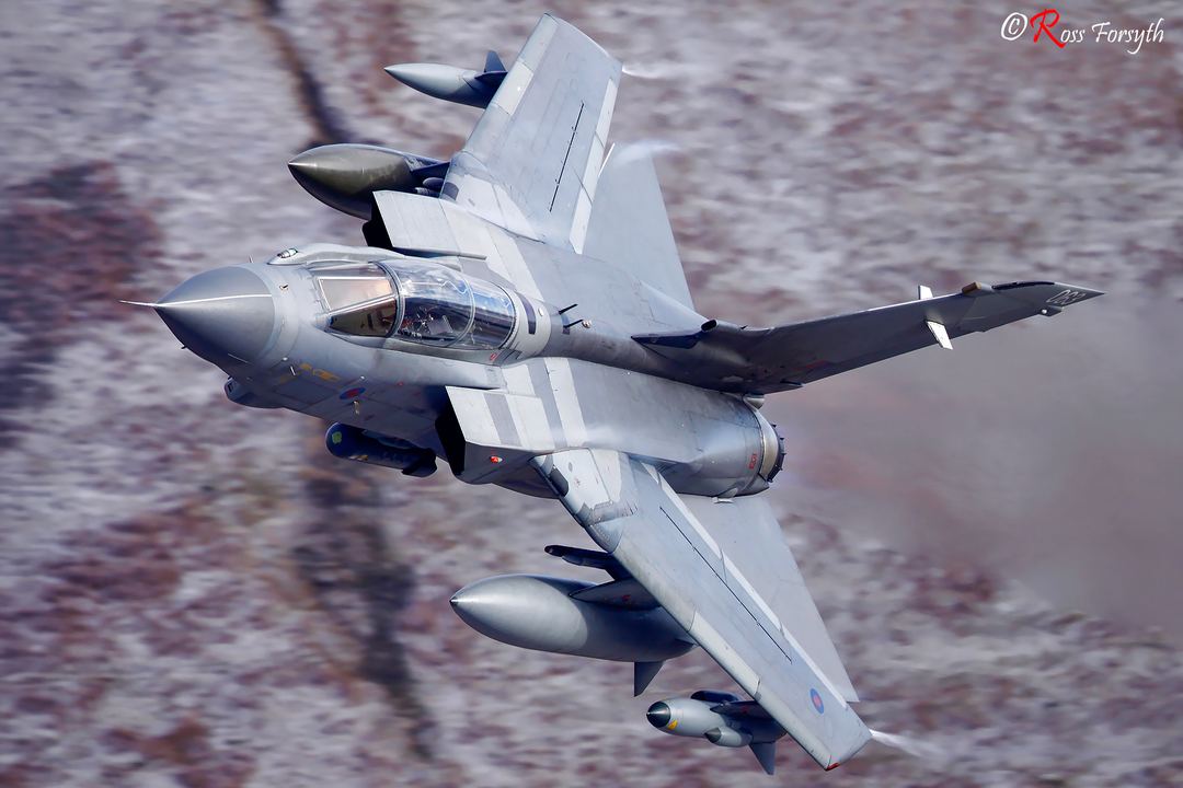 Tornado Gr4 of 13 Squadron with wings swept and burners lit hammering through the Selkirk to Moffat