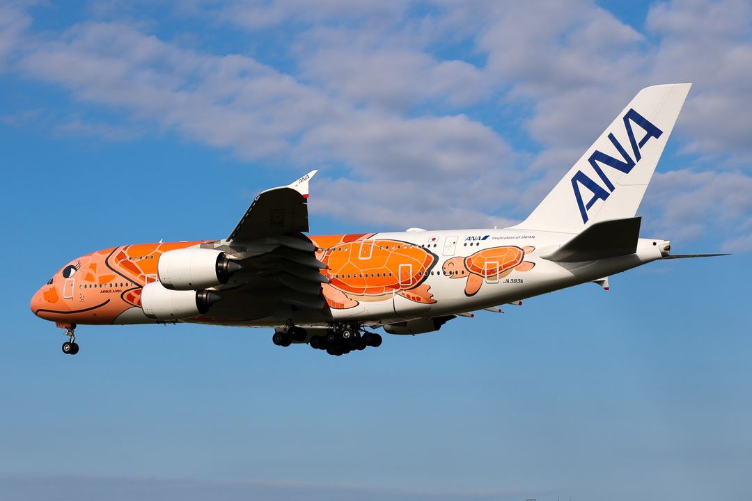ANA’s orange Honu “Ka La” meaning sunset coming down to land on 34L at RJAA 