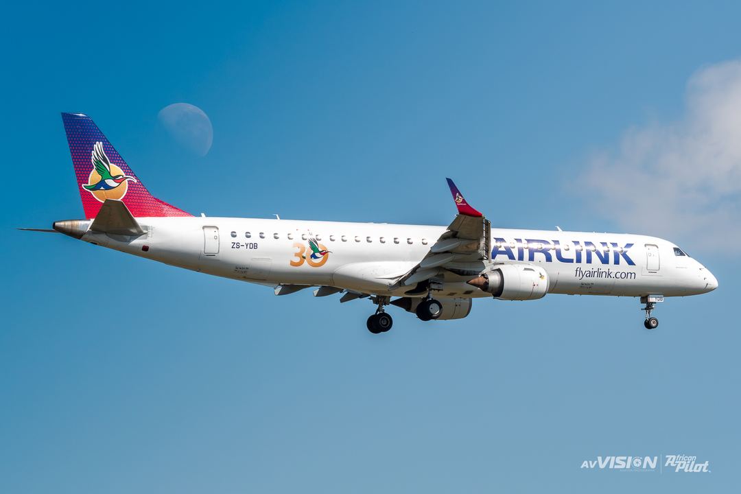 Airlink's 195 with the 30 year Decal crossing the moon on its arrival for 03R at O.R. Tabo Intl, South Africa. 02/10/26