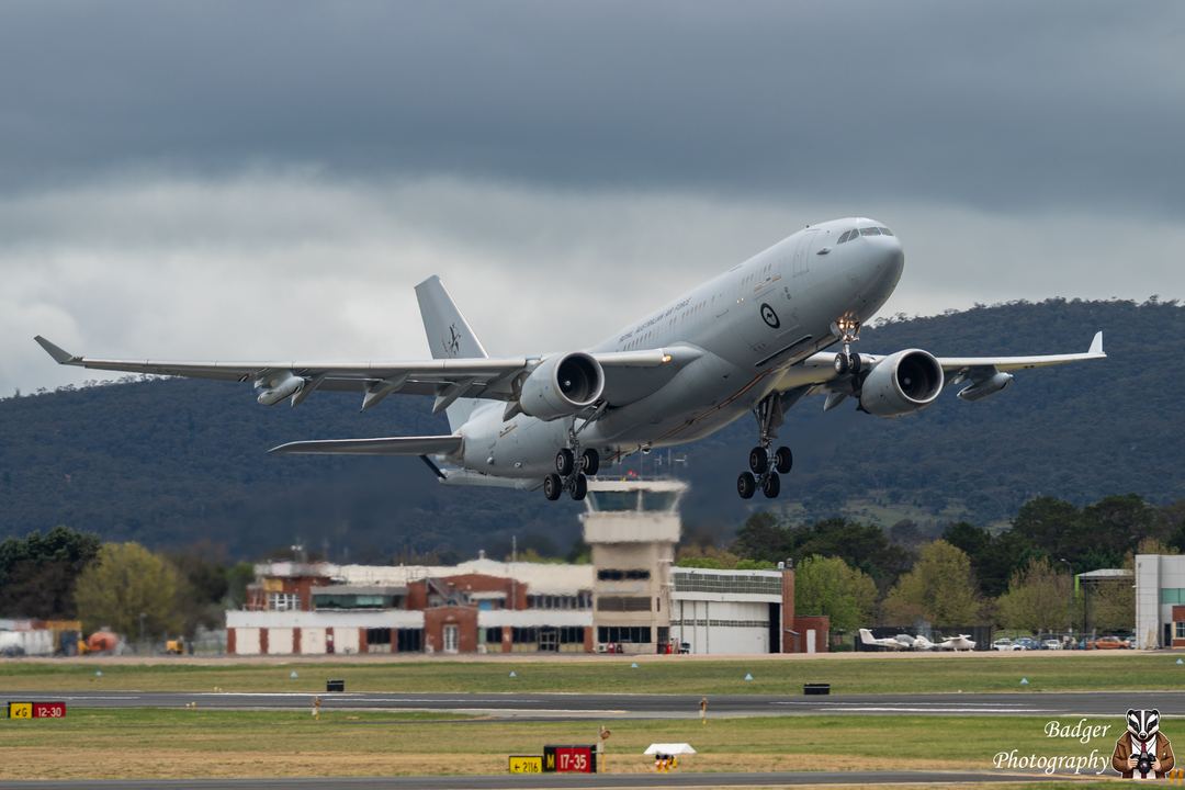 RAAF KC-30A '007' thundering out of Canberra Airport under a moody sky recently 