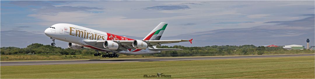 Emirates A380-641 departs EGCC returning to Dubai.