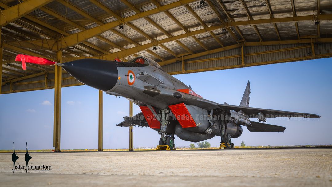 W I D E   V I E W
Indian Air Force MiG-29UPG buttoned up for the day under the shelter.
