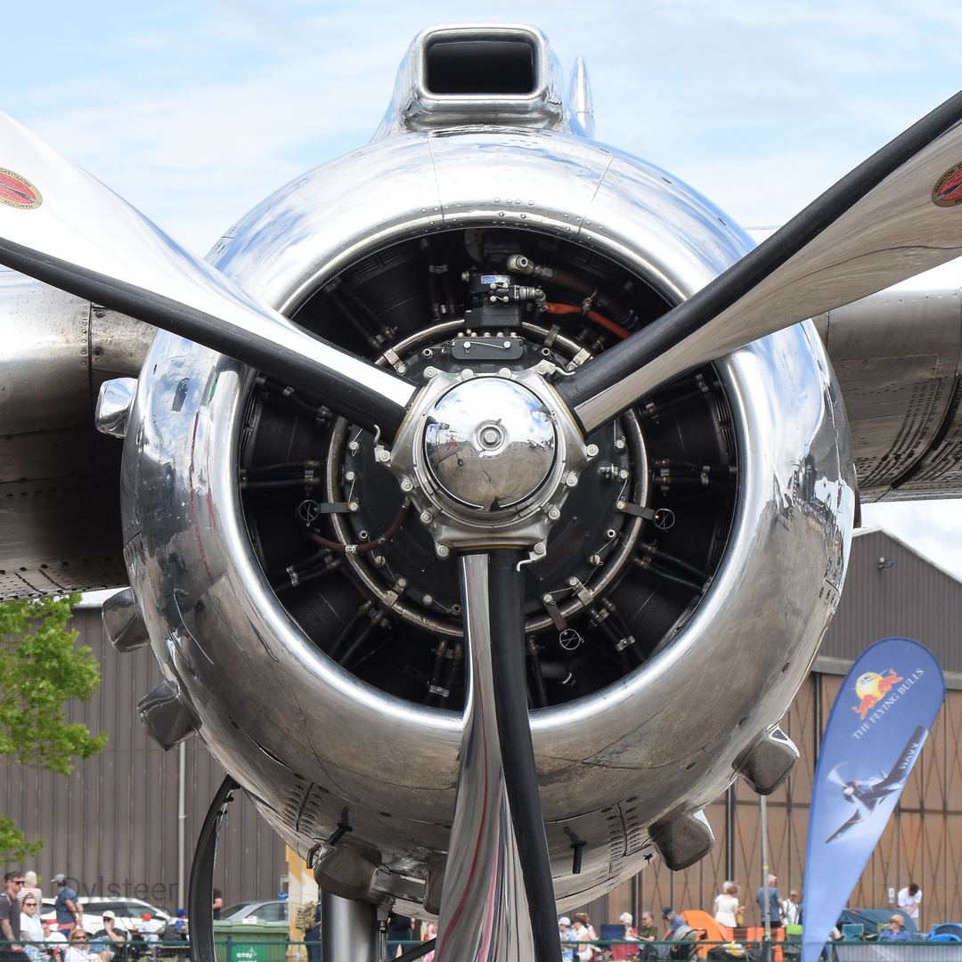 One of the Wright R-2600 Twin Cyclones on the red bull air wings b-25 Mitchell parked at iwm Duxford before the summer airshow 