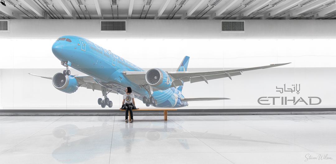 Tried to take a boring B787 landing at LHR into a large scale ETIHAD airport wall advertisement.

Used a Free background download

Added reflection onto the tiled floor