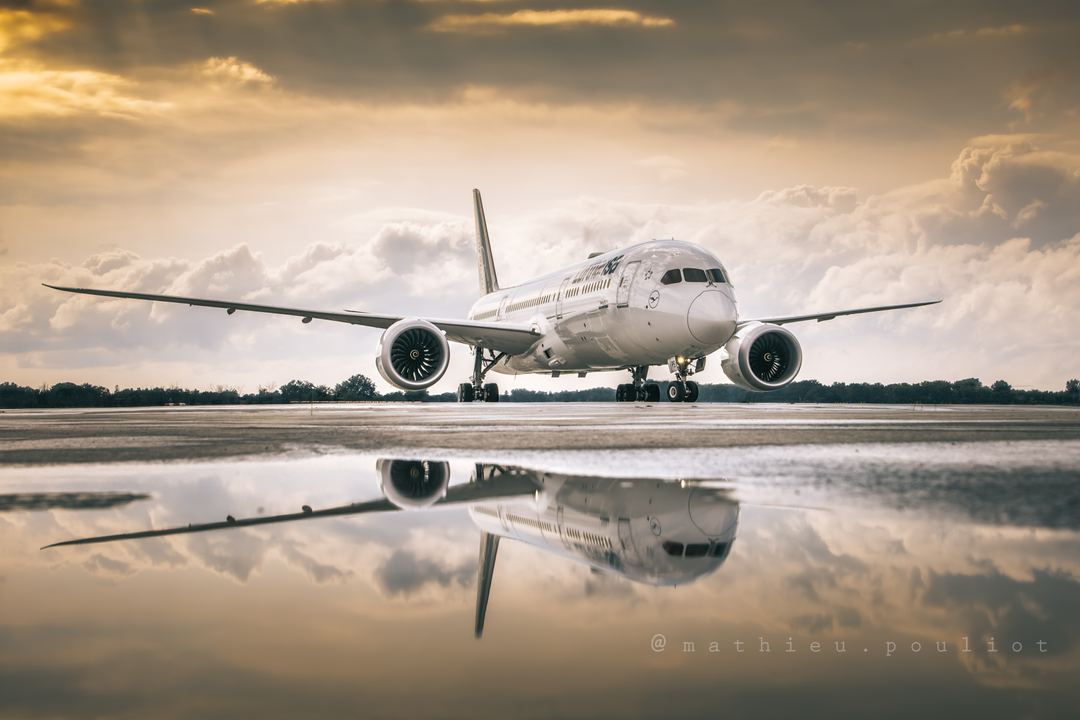 Lufthansa B787-9 from FRA, on hold for its gate, after a rainstorm passed by.