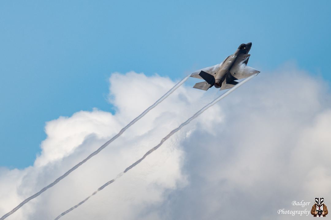 RAAF F-35A A35-003 pulls into the vertical after a simulated attack supporting friendly troops at the ADFA Open Day 