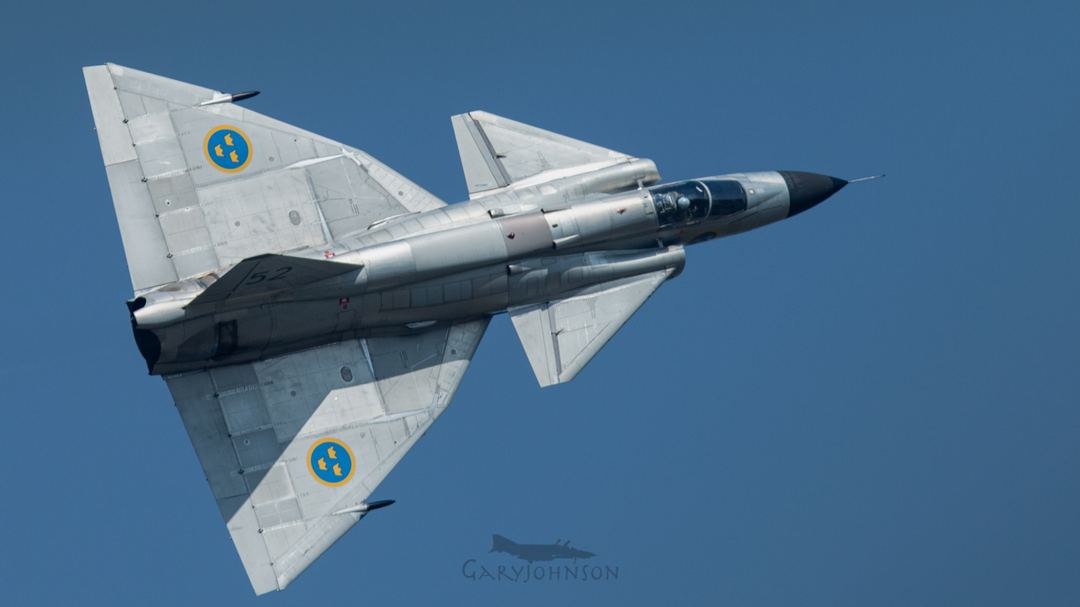 Saab Viggen AJS37  SE-DXN during its display routine at BAF Days Kleine-Brogel in 2023. 