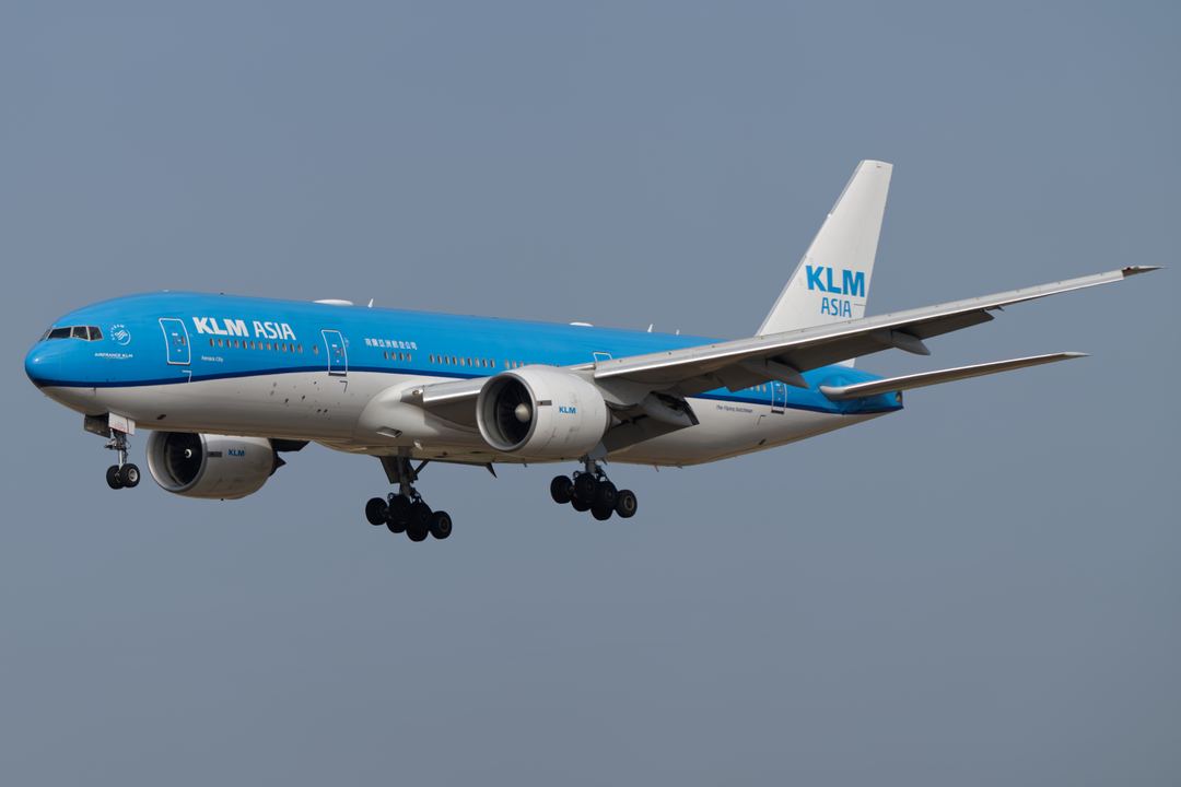 The KLM Boeing 777-200 (ER), (Nicknamed Ferrara City), (Registration Number: PH-BQF) on final approach for Malta International Airport (LMML). Powered by two General Electric GE90-94b turbofan engines.