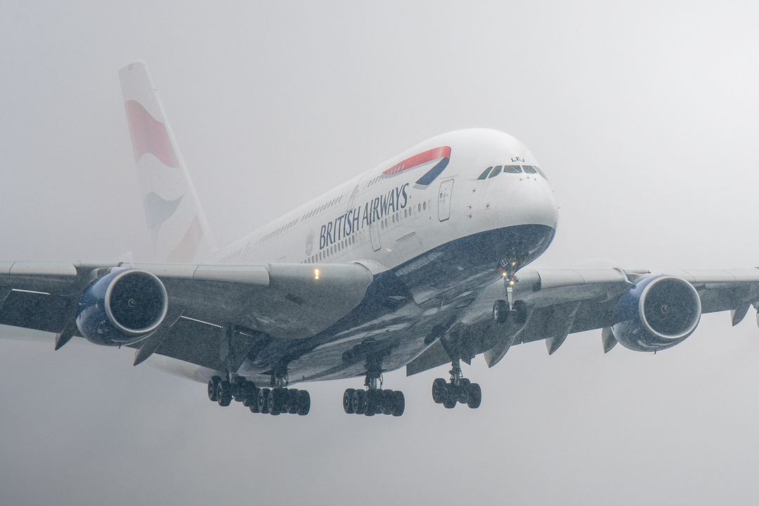 I deliberately went out in bad weather to photograph aircraft in the rain, hoping to capture something different from the usual clear-weather shots. This British Airways A380 emerged through the low cloud and heavy rain, giving me exactly the conditions I was looking for. I wanted to capture the aircraft breaking through the grey, with its landing lights drawing attention to the nose before your eye moves towards the four engines, landing gear and wings fading into the rain. The rain visible throughout the image is real, not image noise. I ended up getting absolutely soaked, but it was great fun and well worth it!