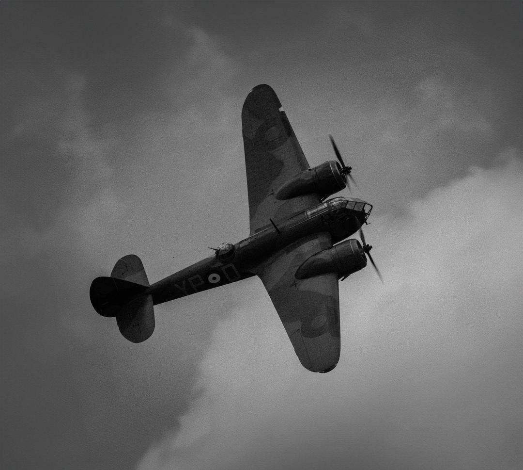 1944 Blenheim breaks into the circuit. Change to b/w add ,some grain, gen expand in PS, rotate slightly 