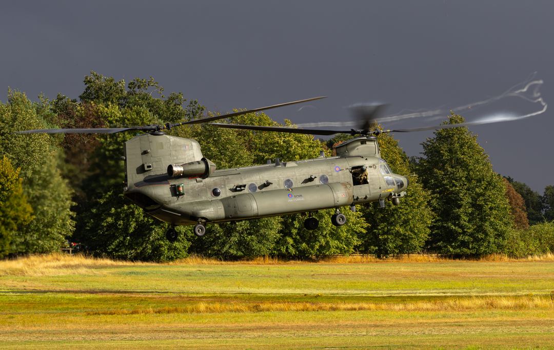 The Royal Air Force's Chinook Role Demo team flying low at the Shuttleworth Military Airshow, 29/08/26. 

The only flying display for the second half of the airshow, after being cut short thanks to a huge storm that drenched the airfield and cancelled all other displays for the day.