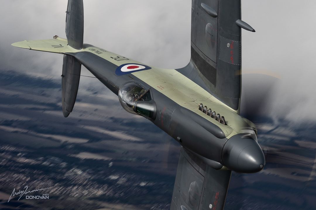 Seafire SX336, back in the air and slicing through the clouds once again.