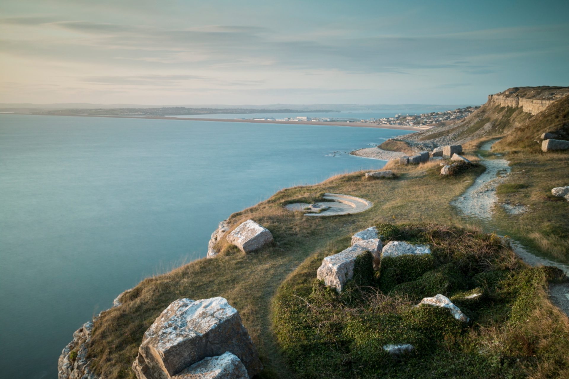A clifftop path on Portland with pale rocks and grass in the foreground, and a glassy smooth sea running along Chesil Bank towards a town in the distance.