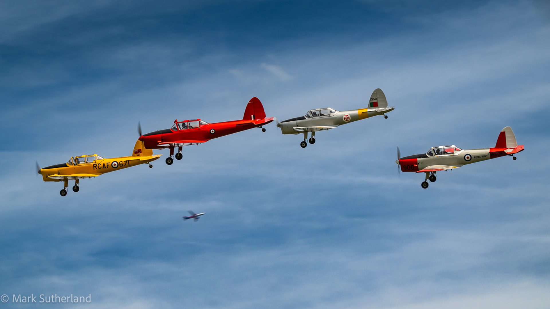 Four de Havilland Chipmunks flying in formation in yellow, red, silver and red and white colour schemes, with a small aircraft far below and out of line.